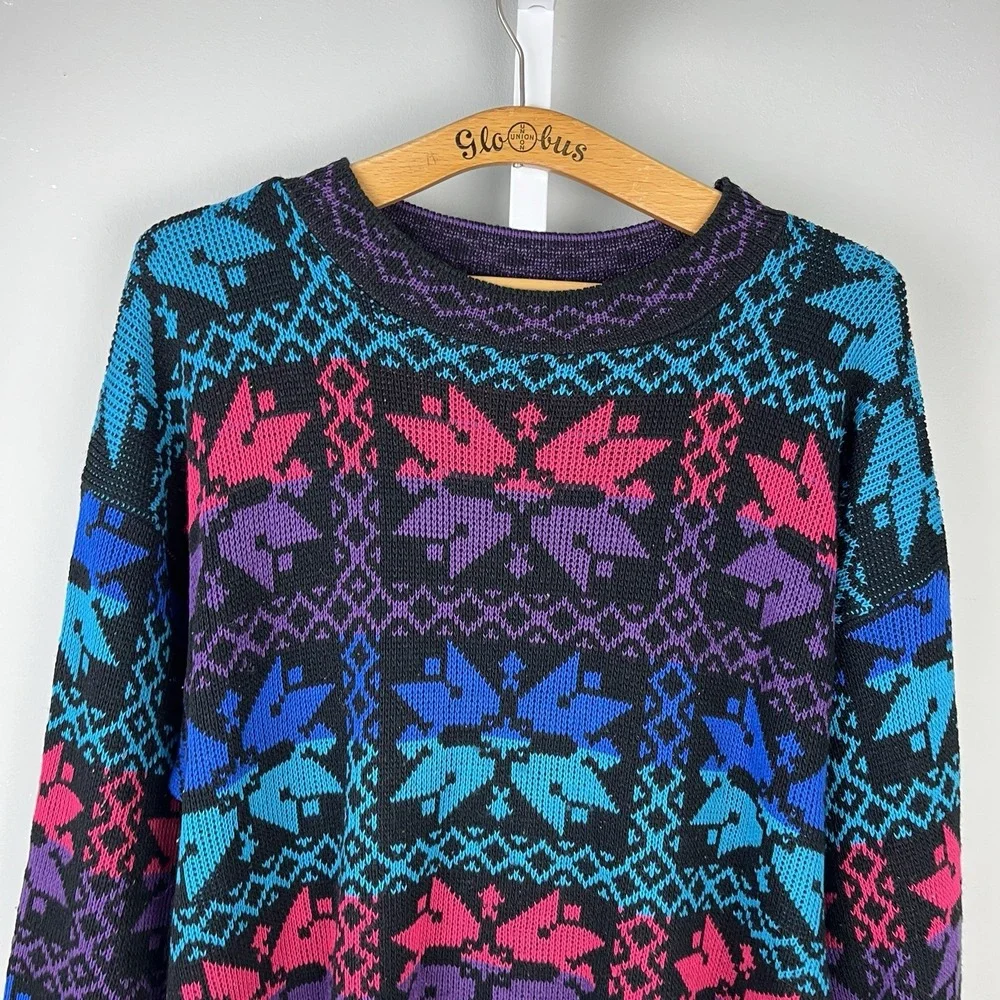 Vintage Classic Essentials‎ Snowflake Ski Sweater Womens XL Black Purple Teal